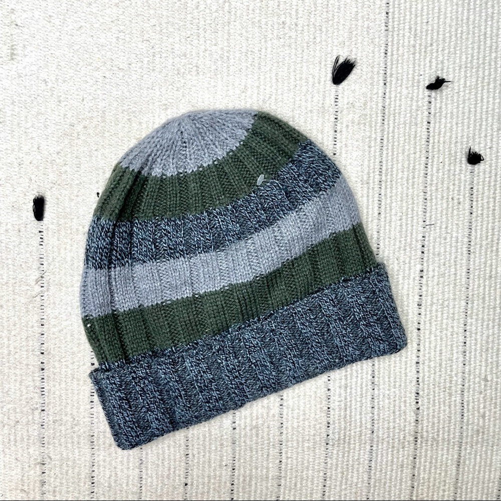R The Rail Grey and Green Stripe Ribbed Beanie - Picture 1 of 4